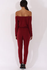 Wine Bardot Split Knee Jumpsuit - Coran
