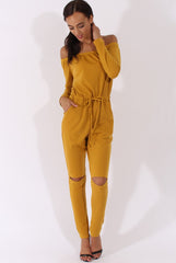 Mustard Bardot Split Knee Jumpsuit - Coran