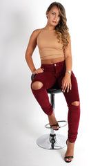 Lana Wine Skinny Fit  Ripped Knee Cords