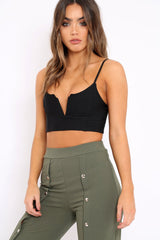 Black Ribbed V Cut Crop Top - Cordelia