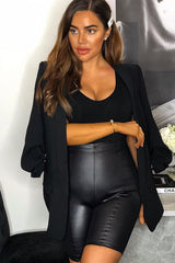 Black Faux Leather Seam Front Cycling Shorts - Katrin