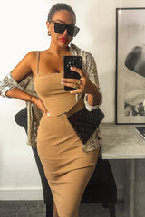 Caramel Ribbed Frill Edge Midi Dress - Aalani