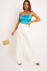 Turquoise Satin Cowl Neck Lace Up Back Crop Top - Kamsi