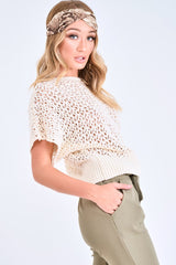 Cream Open Knit Short Sleeve Top - Elene