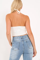 Cream Knitted Knot Halterneck Crop Top - Irelyn
