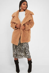 Camel Faux Fur Button Front Teddy Coat - Aamna