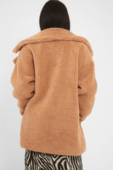 Camel Faux Fur Button Front Teddy Coat - Aamna