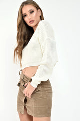 Cream Chunky Knit V Back Crop Jumper - Priscilla