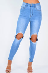 Blue Ripped Knee Skinny Jeans - Chanelle