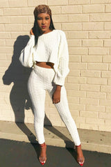 Cream Cable Knit Batwing Jumper Loungwear Set - Janea