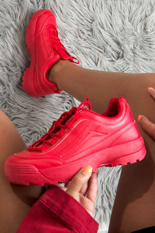 Red PU Lace Up Sole Detail Trainers - Lennix