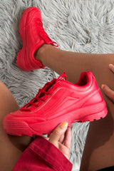 Red PU Lace Up Sole Detail Trainers - Lennix