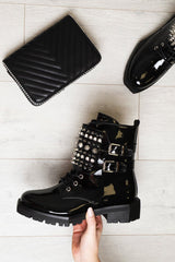 Black Patent Spike and Stud Military Boots - Evalina
