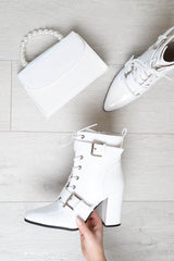 White Patent Buckle Pointed Boots - Canyon
