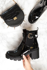 Black Patent Buckle Heeled Chelsea Boot - Damari