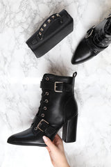 Black PU Buckle Pointed Boots - Canyon