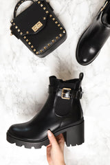 Black PU Buckle Heeled Chelsea Boot - Damari