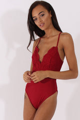 Wine Crochet Cross Back Bodysuit - Crecia