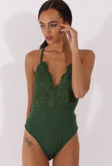 Khaki Crochet Cross Back Bodysuit - Crecia