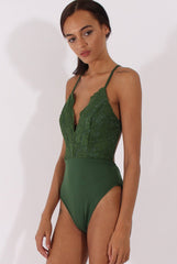 Khaki Crochet Cross Back Bodysuit - Crecia