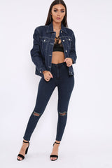 Dark Blue Contrast Stitch Denim Jacket -Cristina