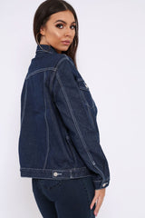 Dark Blue Contrast Stitch Denim Jacket -Cristina