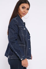 Dark Blue Contrast Stitch Denim Jacket -Cristina