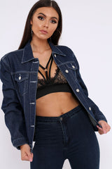 Dark Blue Contrast Stitch Denim Jacket -Cristina