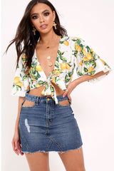 White Lemon Print Satin Tie Crop Top - Alara