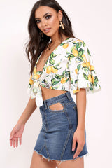 White Lemon Print Satin Tie Crop Top - Alara
