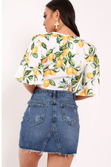 White Lemon Print Satin Tie Crop Top - Alara