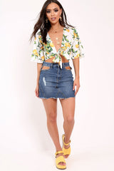 White Lemon Print Satin Tie Crop Top - Alara