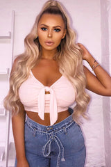 Pink Plunge Rib Tie Front Crop Cami - Navira