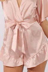 Pink Satin Plunge Flared Sleeve Tied Waist Playsuit - Crystal