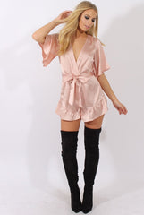 Pink Satin Plunge Flared Sleeve Tied Waist Playsuit - Crystal