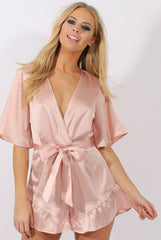 Pink Satin Plunge Flared Sleeve Tied Waist Playsuit - Crystal