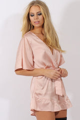 Pink Satin Plunge Flared Sleeve Tied Waist Playsuit - Crystal