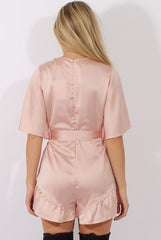 Pink Satin Plunge Flared Sleeve Tied Waist Playsuit - Crystal