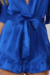 Blue Satin Plunge Flared Sleeve Tied Waist Playsuit - Crystal