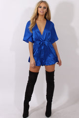 Blue Satin Plunge Flared Sleeve Tied Waist Playsuit - Crystal