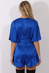 Blue Satin Plunge Flared Sleeve Tied Waist Playsuit - Crystal