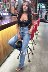 Blue Mid Wash Ripped Knee Straight Leg Jeans - Brilynn