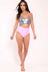 South Beach Iridescent Metallic and Pink Cut Out Swimsuit