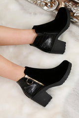 Black Velvet and PU Ring Zip Boots - Cynthia