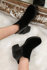 Black Velvet and PU Ring Zip Boots - Cynthia