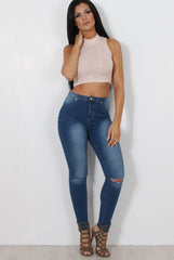Millie Nude Ribbed High Neck Crop Top