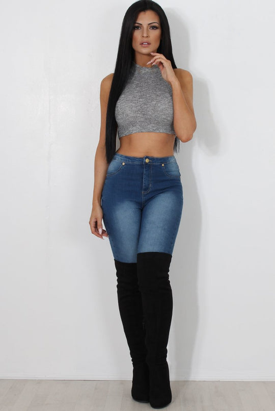 Millie Grey Ribbed High Neck Crop Top