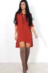 Juni Rust Lace Up Side Split Shirt Dress
