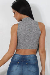 Millie Grey Ribbed High Neck Crop Top