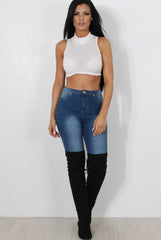 Millie White Ribbed High Neck Crop Top